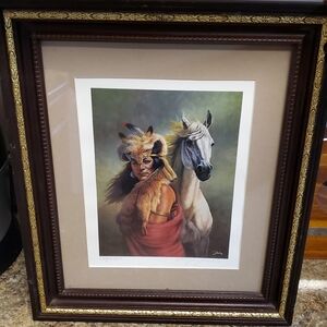 VINTAGE 1988. CHIEF CRAZY HORSE. ART PRINT FRAMED. HANDSIGNED LIMITED EDITION.